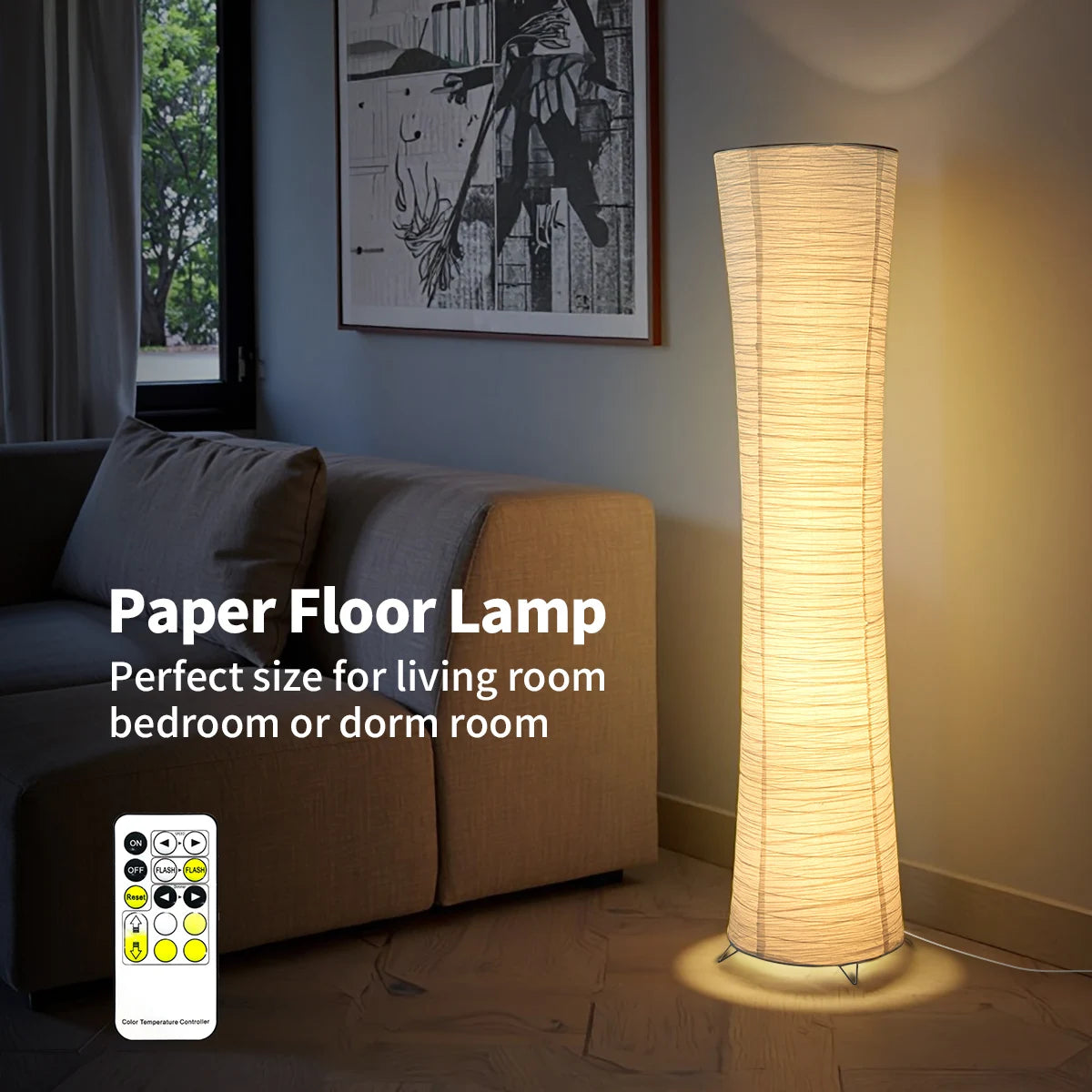 Remote paper and chrome-plated standing lamp with LED light strip