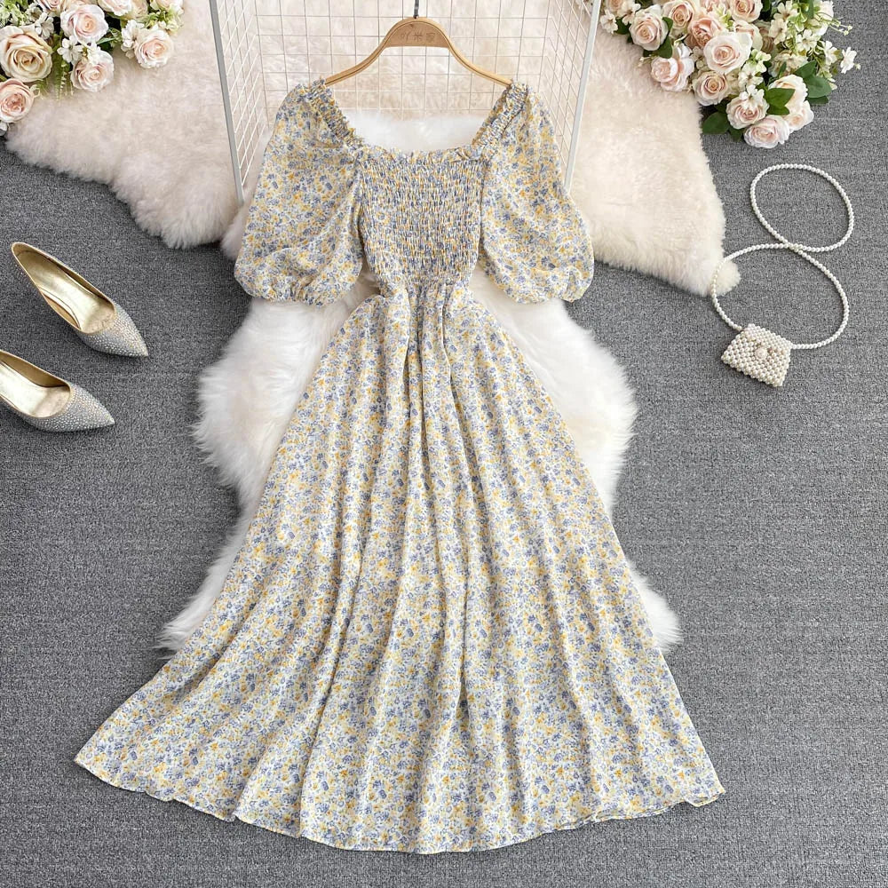 Floral Chiffon High Waist A-Line Square NeckLine Dress