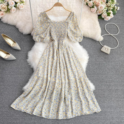 Floral Chiffon High Waist A-Line Square NeckLine Dress
