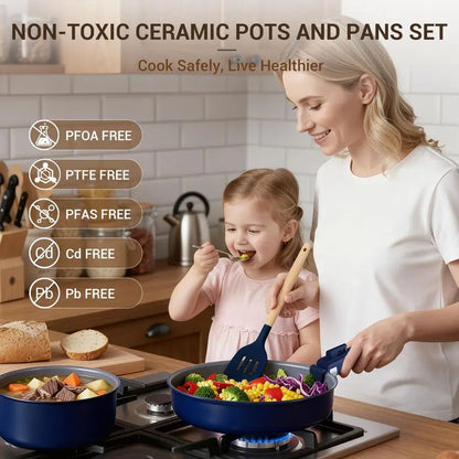 18 Piece Ceramic Pots and Pans  Non Stick, Non Toxic Induction Cookware Set  with Removable Handles