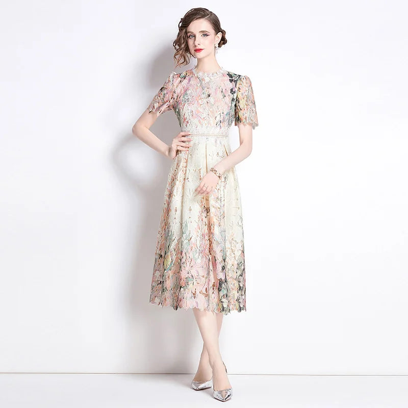 Lace Hollow out Print Midi Short-Sleeve A-Line Dress