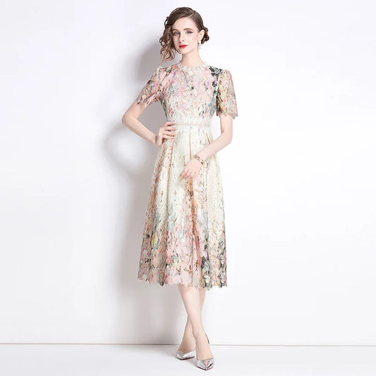 Lace Hollow out Print Midi Short-Sleeve A-Line Dress