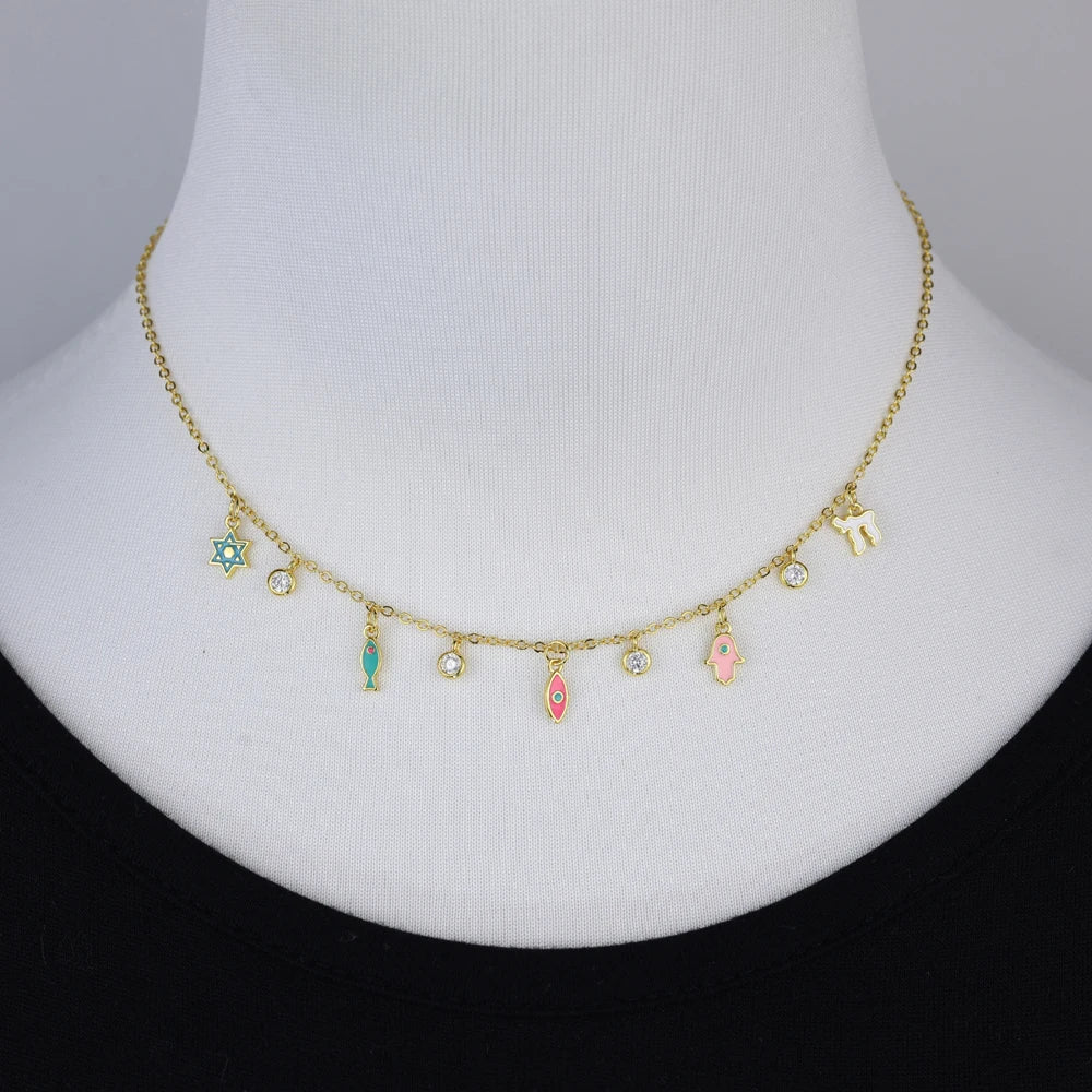 Silver and Gold Enamel Judaica Charm Necklace