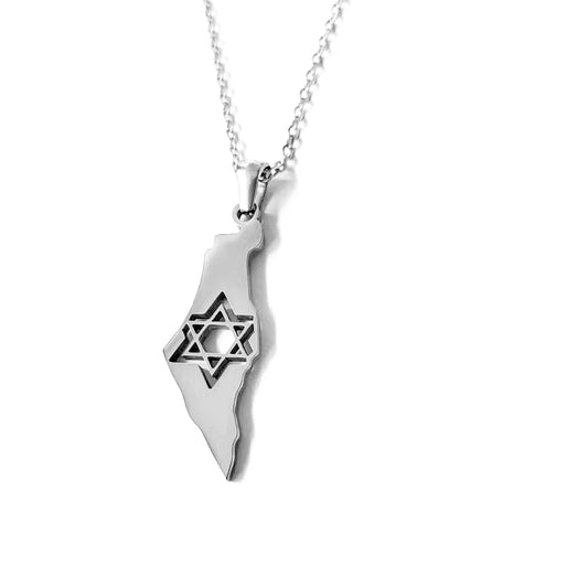 Star of David Map of Israel in a Stainless Steel Pendant Necklace