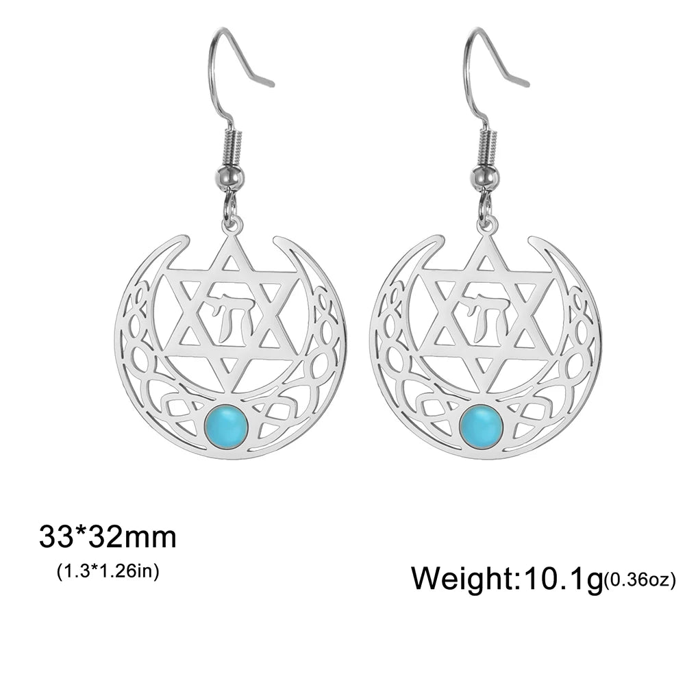 Stainless Steel Earrings with a Chai and Star of David over a Crescent Moon Drop