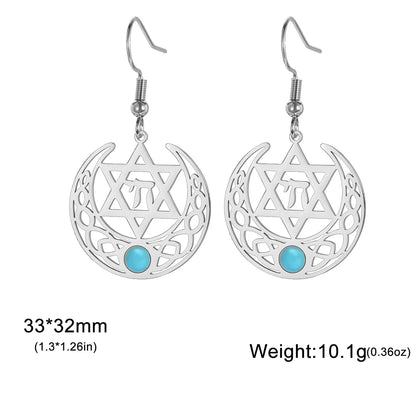 Stainless Steel Earrings with a Chai and Star of David over a Crescent Moon Drop