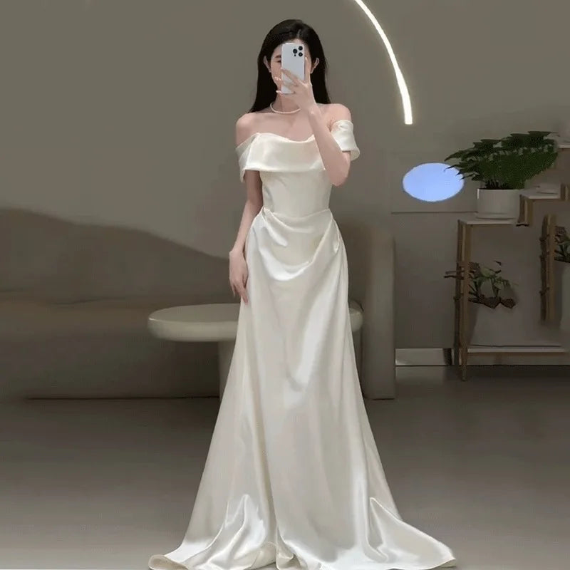 Satin One-Shoulder White Bridal Gown with Veil