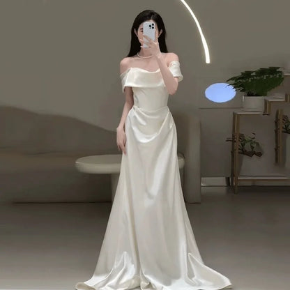 Satin One-Shoulder White Bridal Gown with Veil