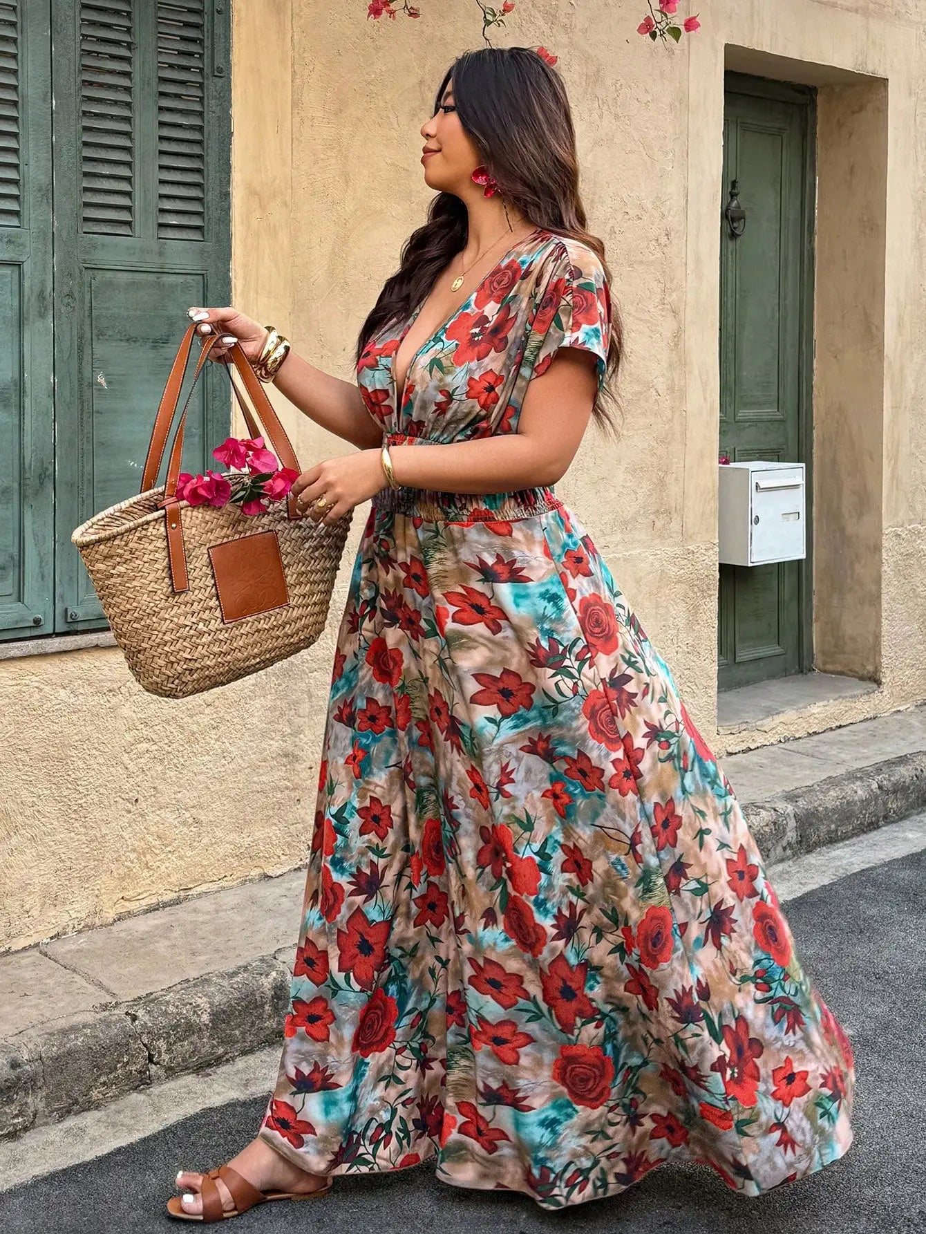 Plus Size Paisley Floral Print Deep Shirred Waist  Maxi Dress