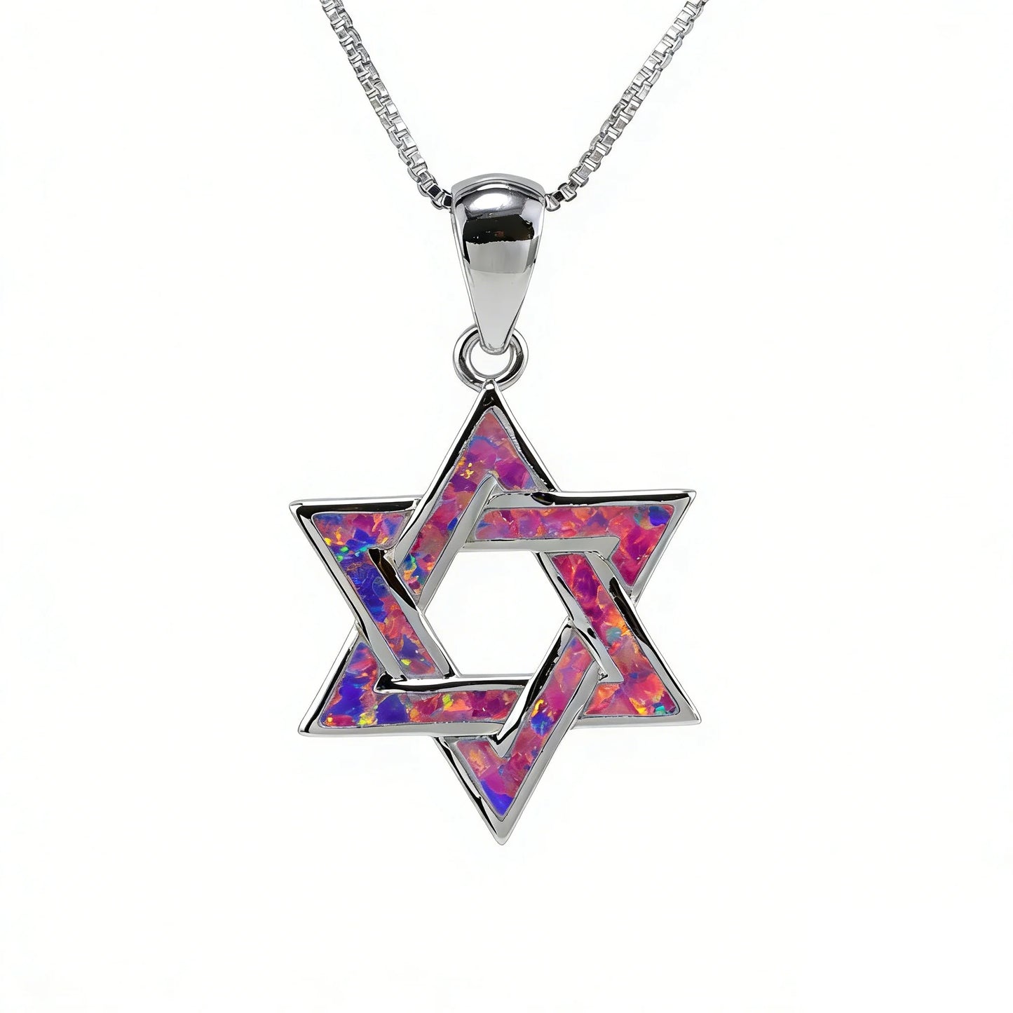 Judaic Blue Fire Opal Star of David Pendant Necklace,White K Plated
