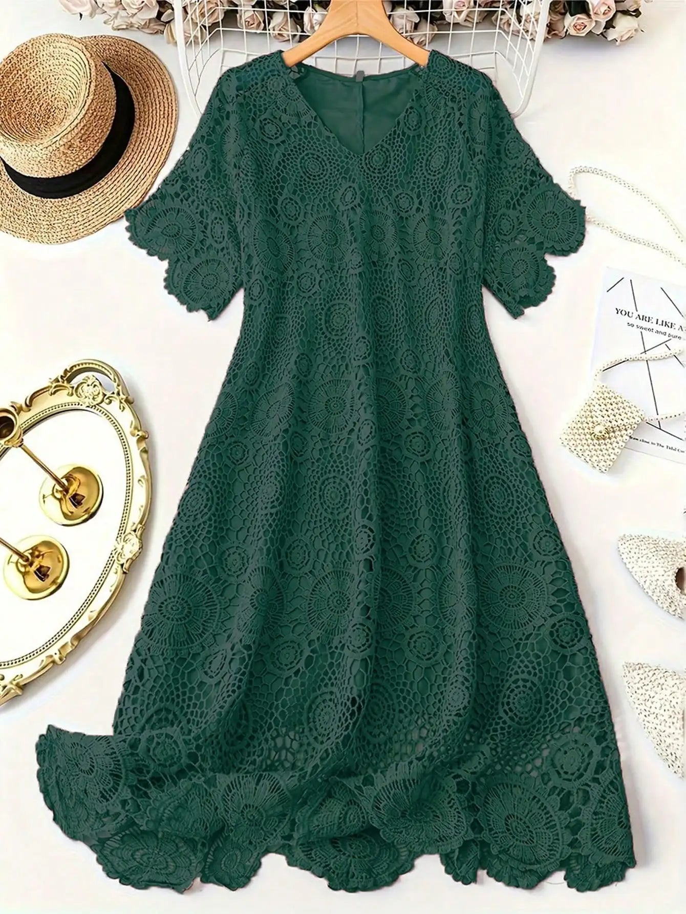 Plus Size  Lace V-Neck A-Line Short Sleeve Scalloped Hem Dress