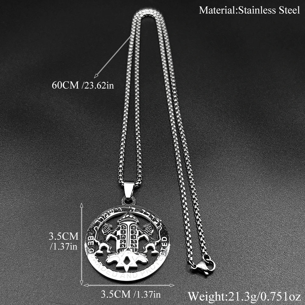 Judaica Star of David under Hebrew Ark of the Covenant with Lions of Judah on a Stainless Steel Pendant Necklace