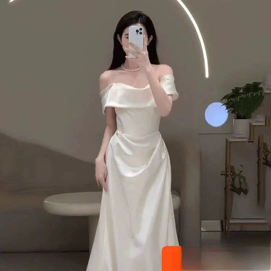 Satin One-Shoulder White Bridal Gown with Veil