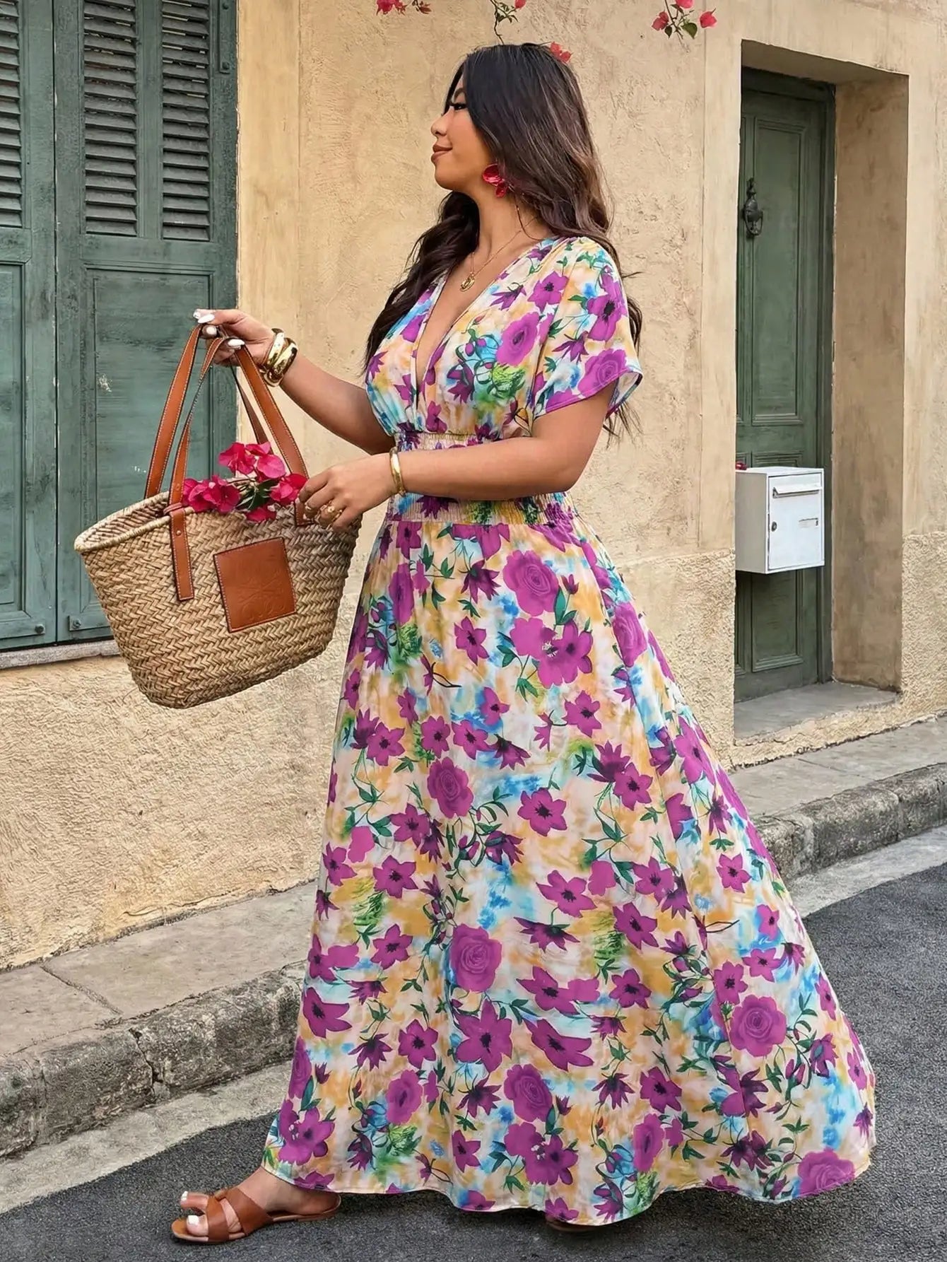 Plus Size Paisley Floral Print Deep Shirred Waist  Maxi Dress