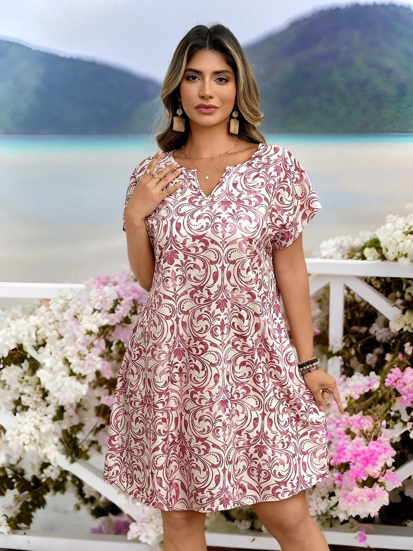 V Neck Batwing Sleeve Casual A-Line  Vintage Print Dress