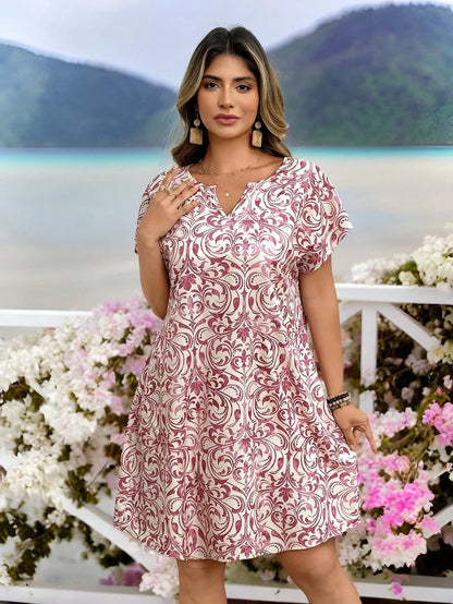 V Neck Batwing Sleeve Casual A-Line  Vintage Print Dress