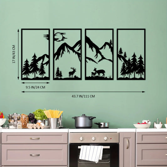 4 pieces mountain scene Black line wall decorations,
