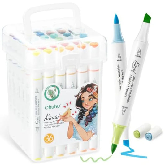 Washable Alcohol Markers Low-odor: Brush Chisel Dual Tips Washable 36 Colors