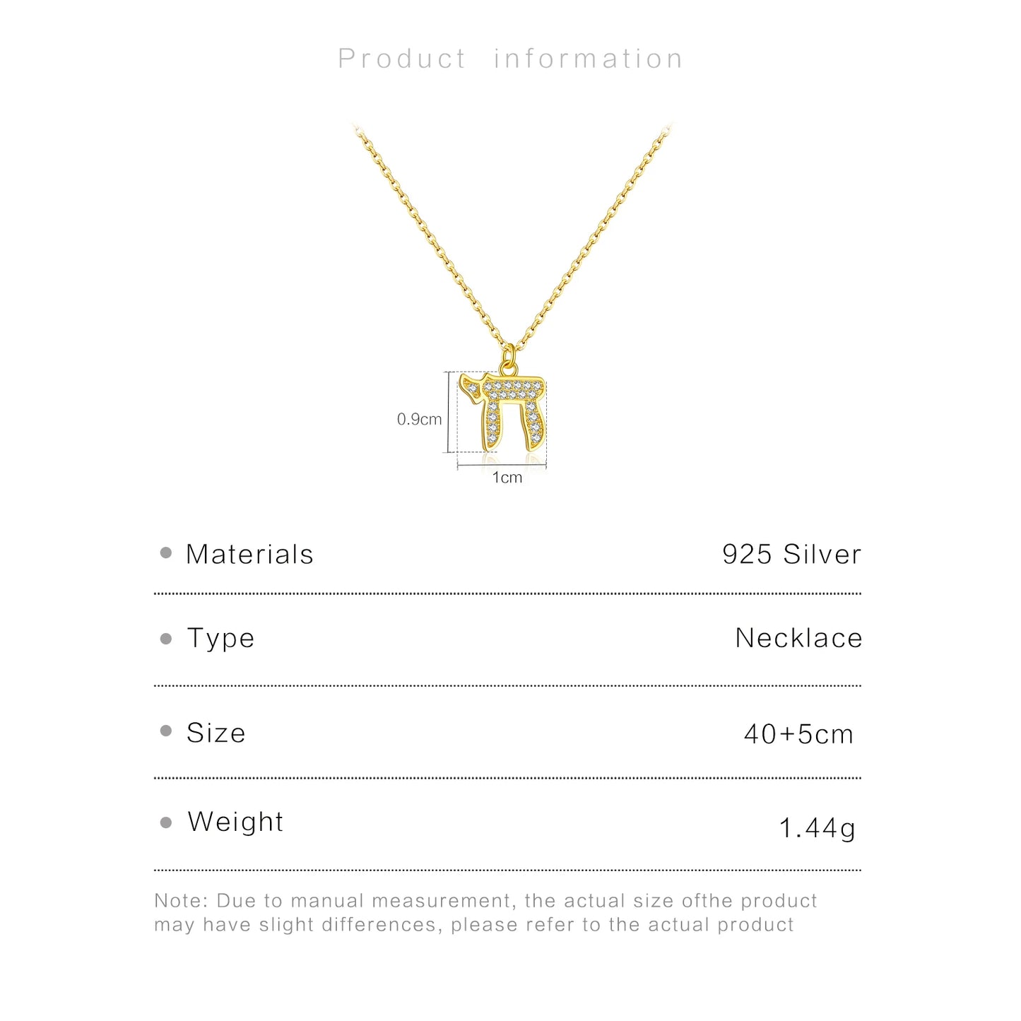Judaica CHAI Charm 925 Sterling Silver or Gold  Zircon Necklace