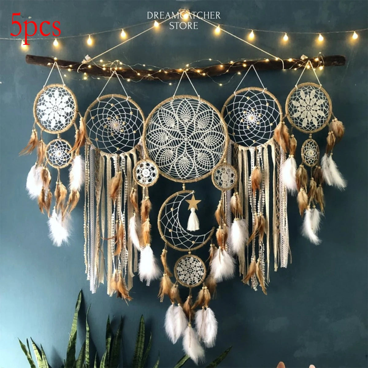 5-piece large Dream Catcher, Bohemian wall decoration Moon and Sun decoration