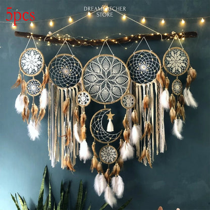 5-piece large Dream Catcher, Bohemian wall decoration Moon and Sun decoration