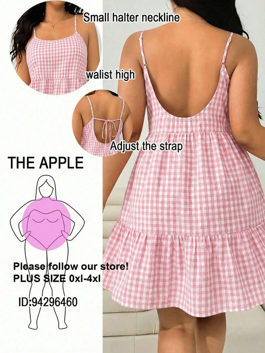 Plus Size Pink Gingham Cami  Spaghetti Strap Ruffle Hem  Sundress