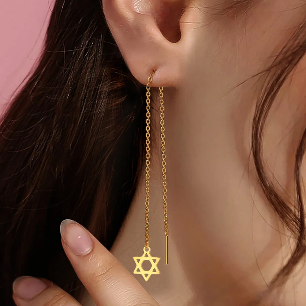 Star of David Pendant Long Tassel Stainless Steel Gold Earring