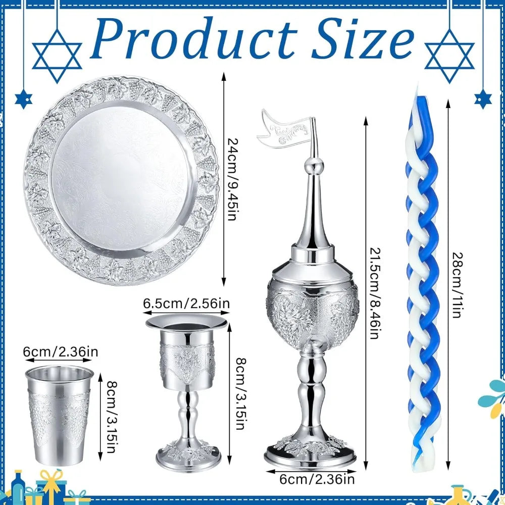 9 Pcs Shabbat Havdalah Set with Candle Holder, Kiddush Cup, Spice Box, Goblet, Silver Plate & 5 Candles,
