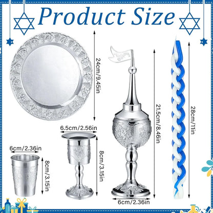 9 Pcs Shabbat Havdalah Set with Candle Holder, Kiddush Cup, Spice Box, Goblet, Silver Plate & 5 Candles,