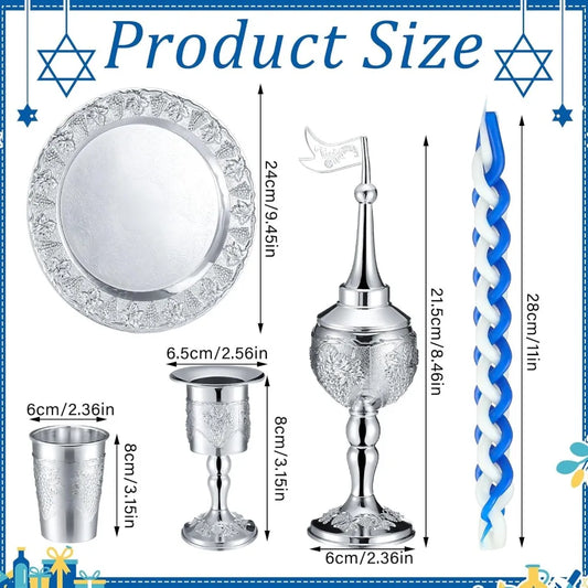 9 Pcs Shabbat Havdalah Set with Candle Holder, Kiddush Cup, Spice Box, Goblet, Silver Plate & 5 Candles,