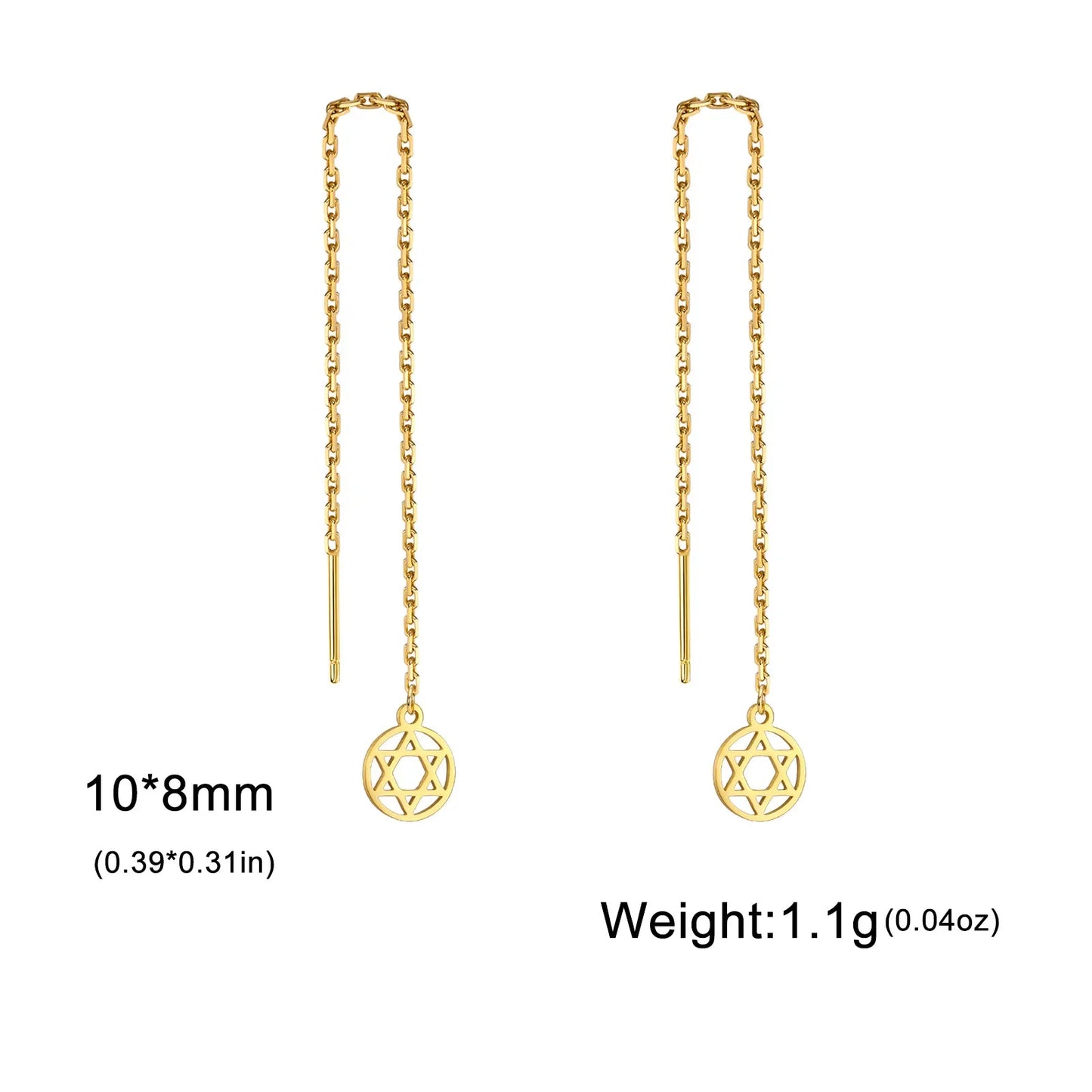Star of David Pendant Long Tassel Stainless Steel Gold Earring