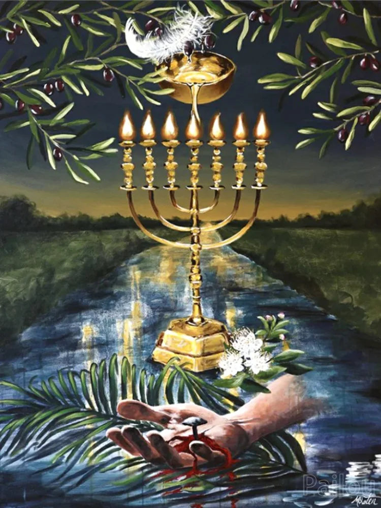 5D DIY Judaism Shofar Menorah Sparks Mosaic Embroidery Diamond Painting Art
