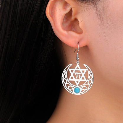 Stainless Steel Earrings with a Chai and Star of David over a Crescent Moon Drop