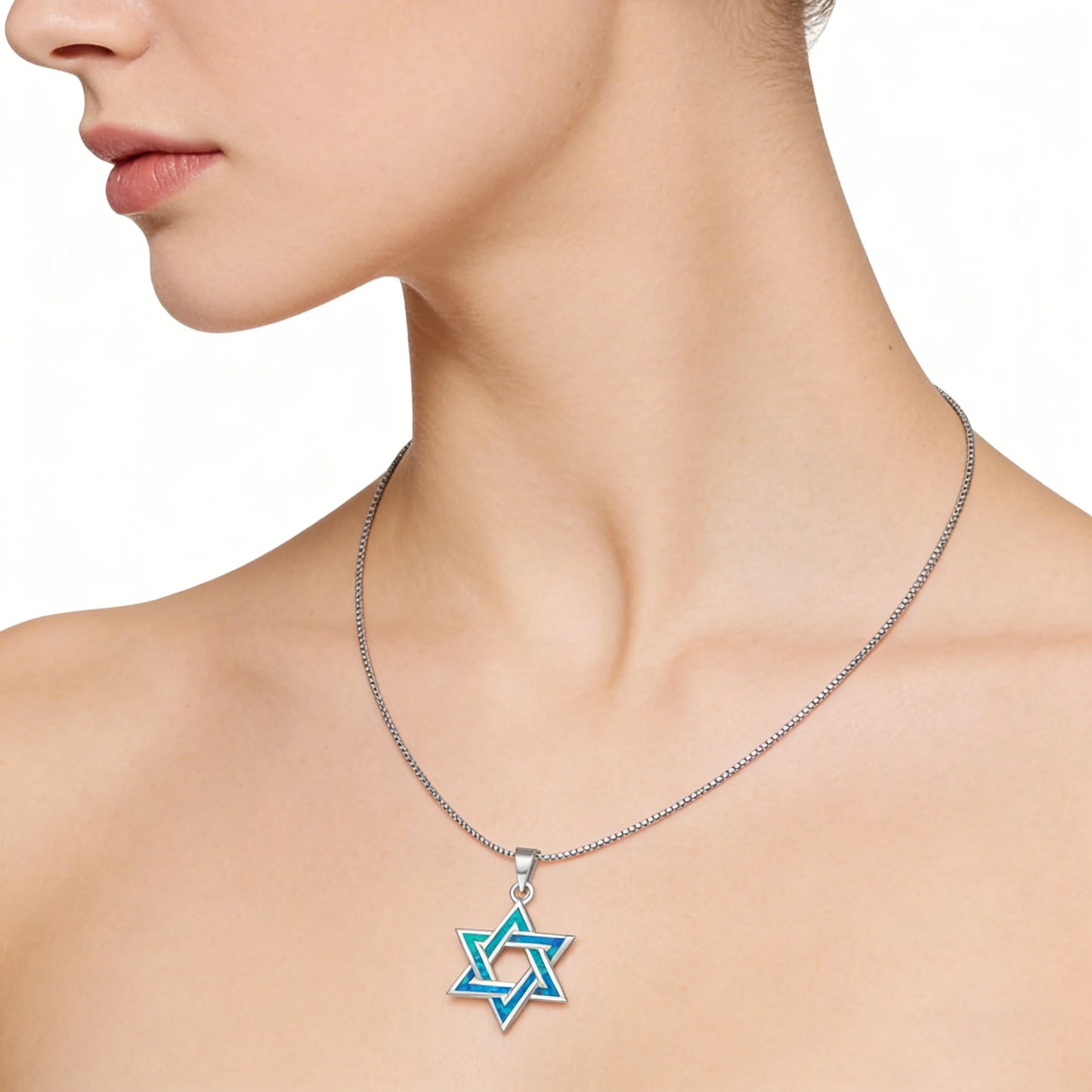 Judaic Blue Fire Opal Star of David Pendant Necklace,White K Plated