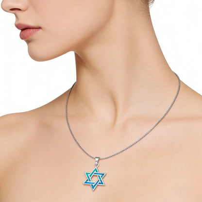 Judaic Blue Fire Opal Star of David Pendant Necklace,White K Plated