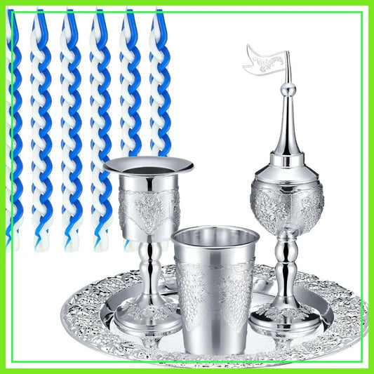 9 Pcs Shabbat Havdalah Set with Candle Holder, Kiddush Cup, Spice Box, Goblet, Silver Plate & 5 Candles,