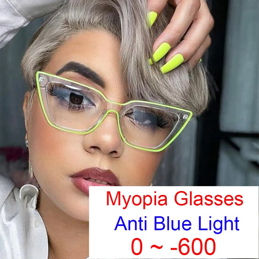 Eyeglasses Anti Blue Light Computer Myopia Transparent Neon Green Cat Eye Nearsighted Vision Points Minus 0~-6.0