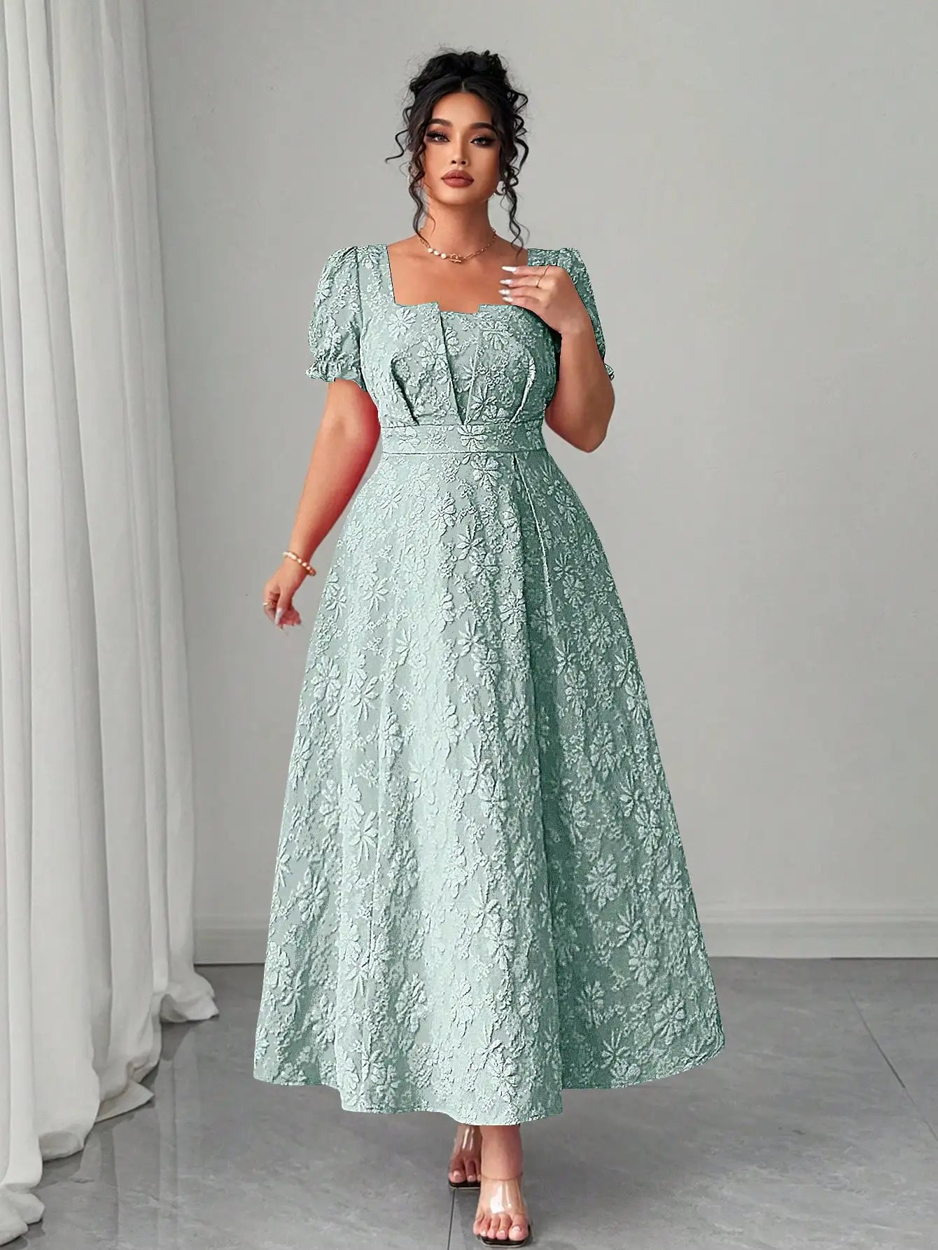 Mint Green Plus Size Floral Jacquard Maxi Dress Square Neckline, Puffed Sleeves, And Defined Waist