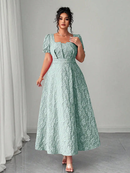 Mint Green Plus Size Floral Jacquard Maxi Dress Square Neckline, Puffed Sleeves, And Defined Waist