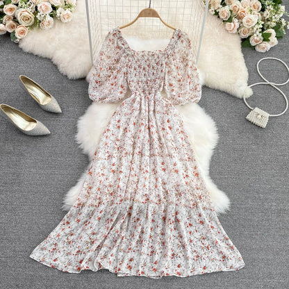 Floral Chiffon High Waist A-Line Square NeckLine Dress