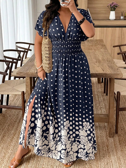 Plus Size Paisley Floral Print Deep Shirred Waist  Maxi Dress