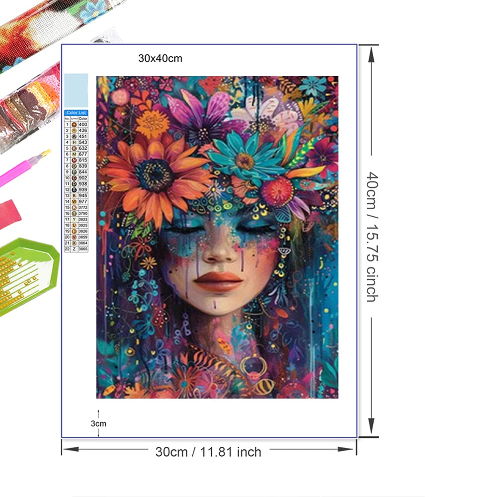 5D Rhinestone Art Puzzle Inlay 12x16Inch Diamond Painting Woman Flowers Mosaic Cross Stitch Kit
