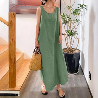 Summer cotton linen long sleeveless dress