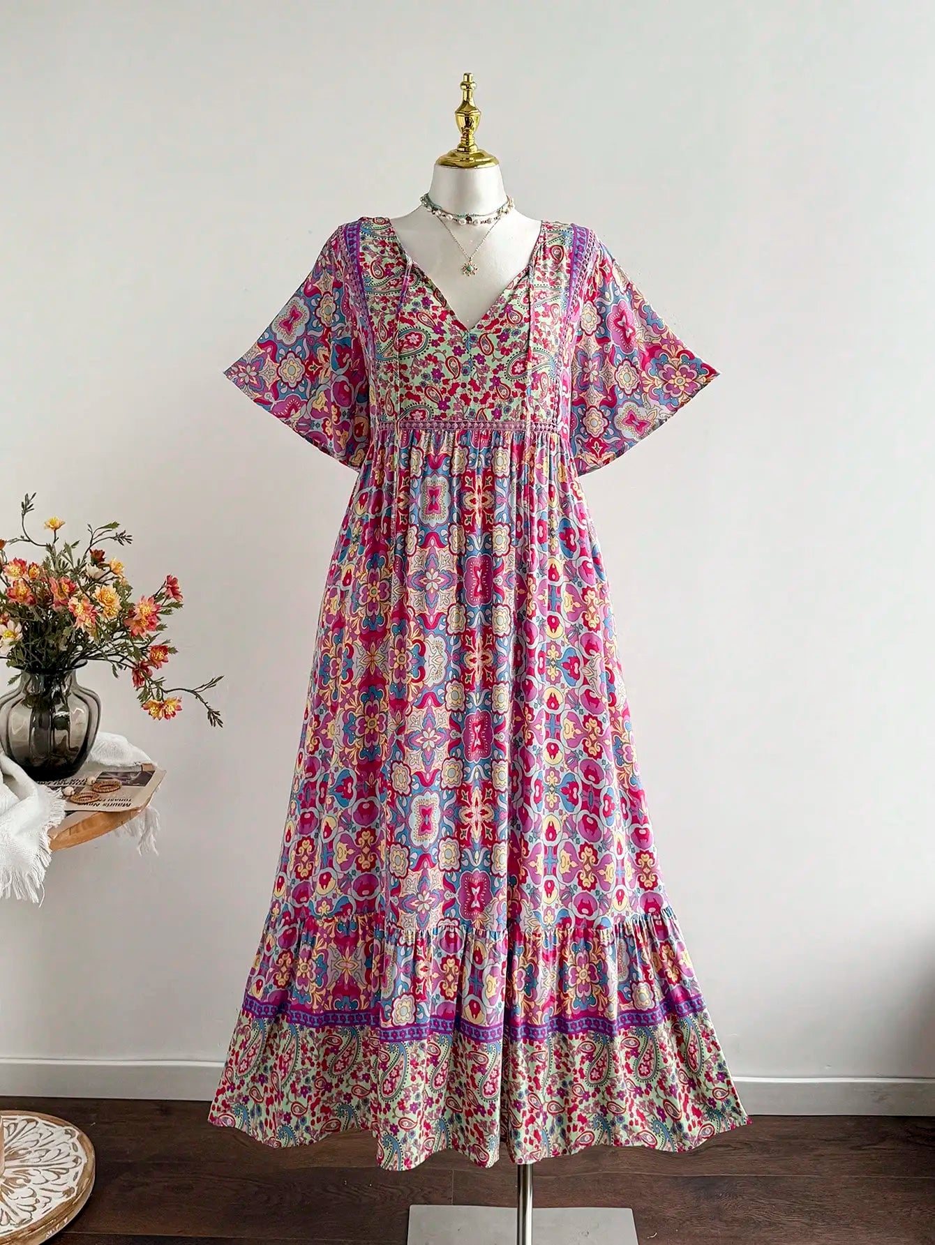 Plus Size Boho Floral V-Neck Maxi Dress