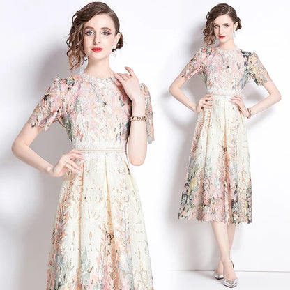 Lace Hollow out Print Midi Short-Sleeve A-Line Dress