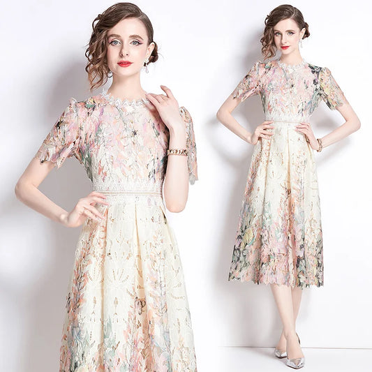Lace Hollow out Print Midi Short-Sleeve A-Line Dress