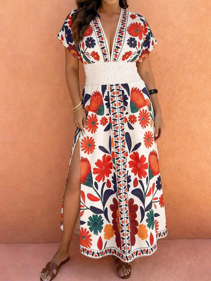 Plus Size Paisley Floral Print Deep Shirred Waist  Maxi Dress