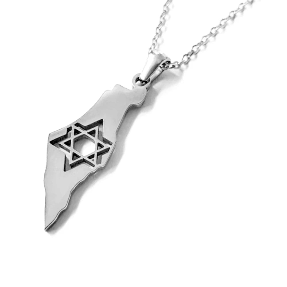 Star of David Map of Israel in a Stainless Steel Pendant Necklace