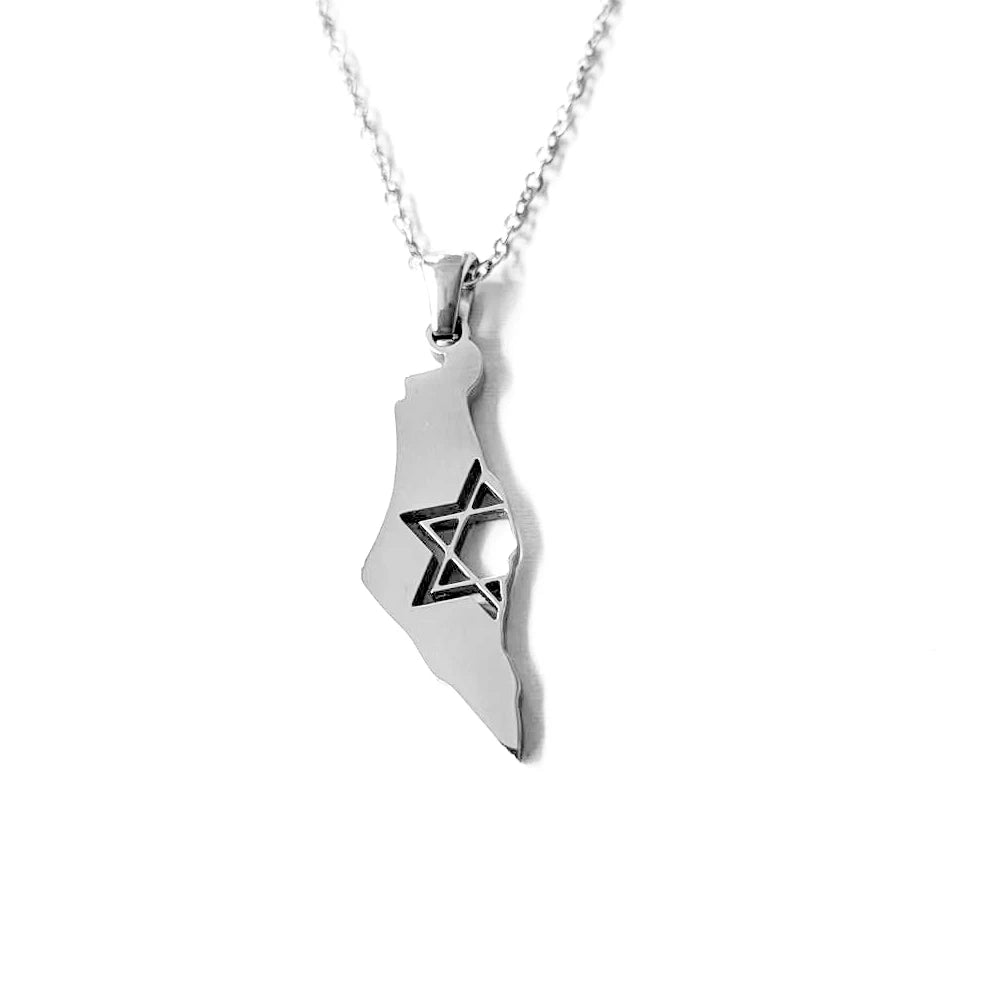 Star of David Map of Israel in a Stainless Steel Pendant Necklace