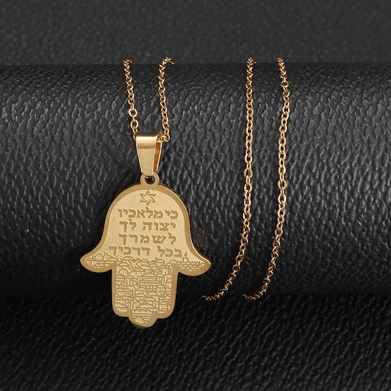 Stainless Steel Hamsa Hands of Fatima Hebrew Blessing Star of David Necklace